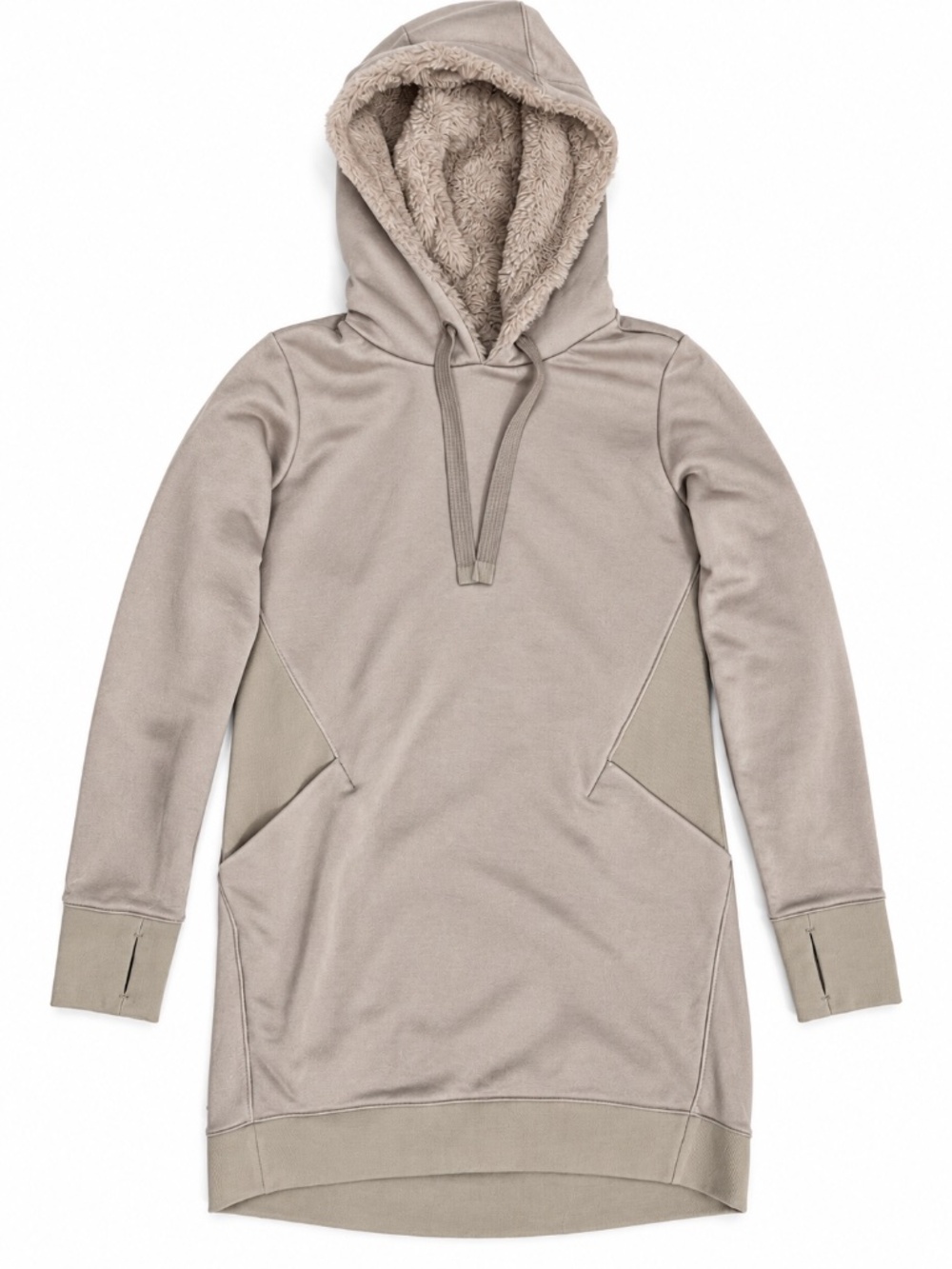 Athleta Cozy Karma Faux Fur Hoodie Dress Taupe Beige Size M